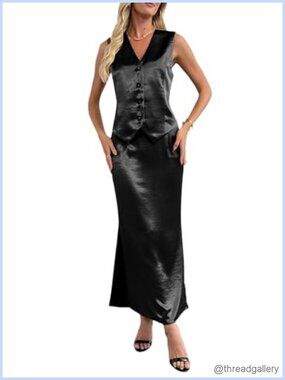 Satin 2 Piece Maxi Skirt Set Sleeveless Vest Business Casual Outfit